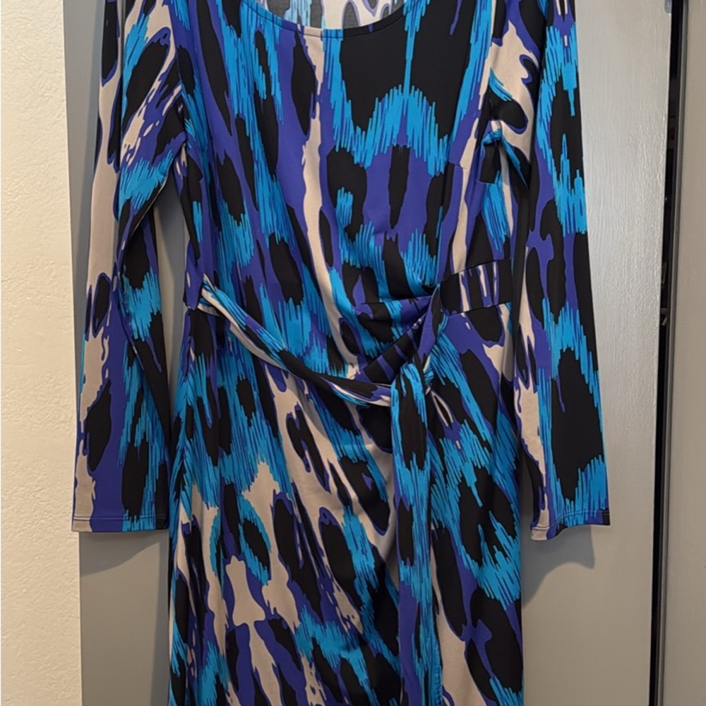 INC International Concepts Blue and Black Abstract Long Sleeve Dress